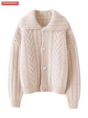Lapel Collar Chunky Knit Button Down Cardigan Sweater Jacket